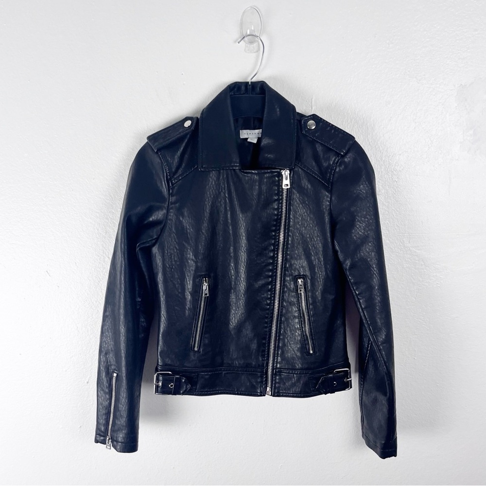 TOPSHOP Black Faux Vegan Leather Long Sleeves Moto Biker Grunge Jacket Size 2